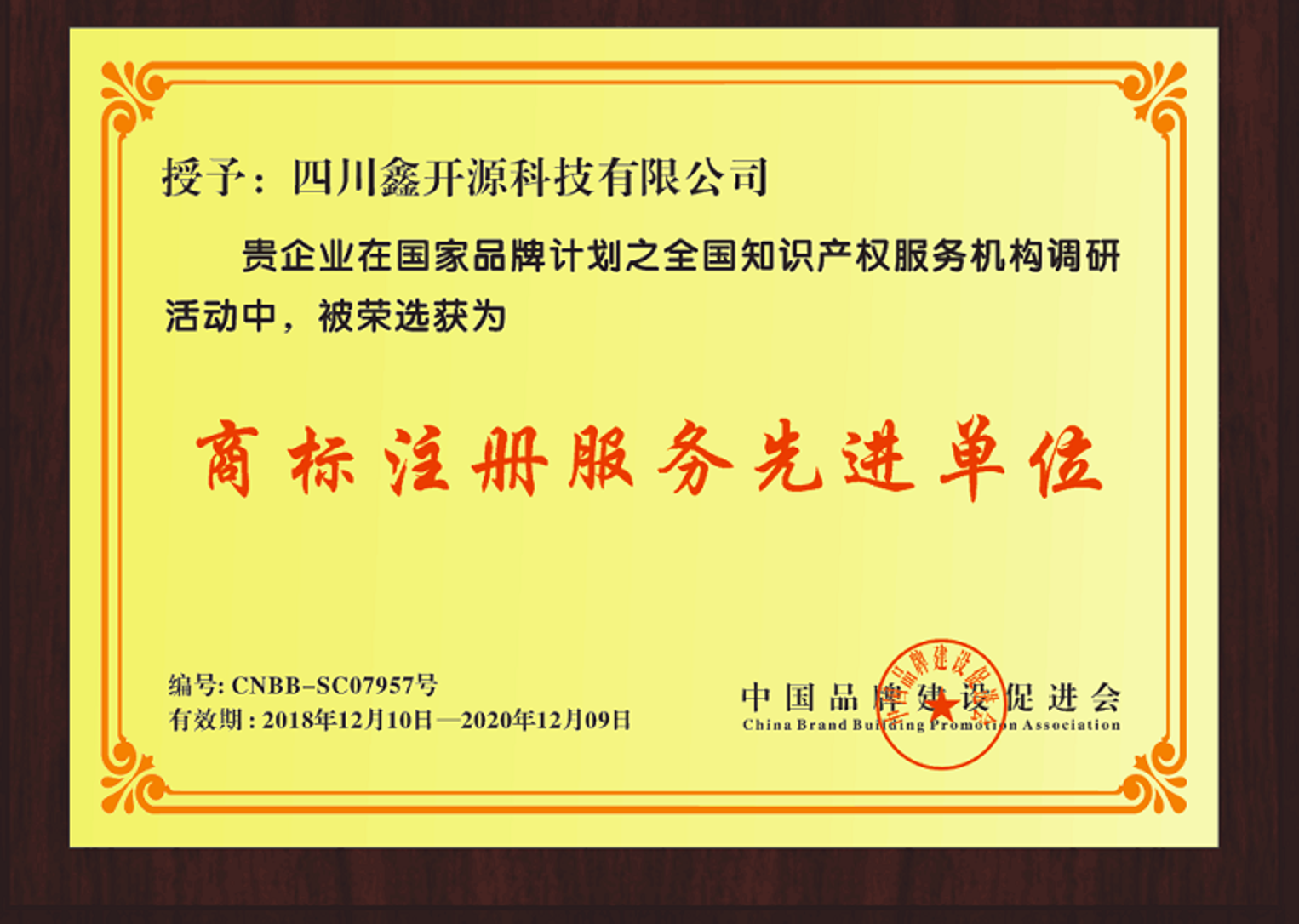 商标注册服务先进单位证书